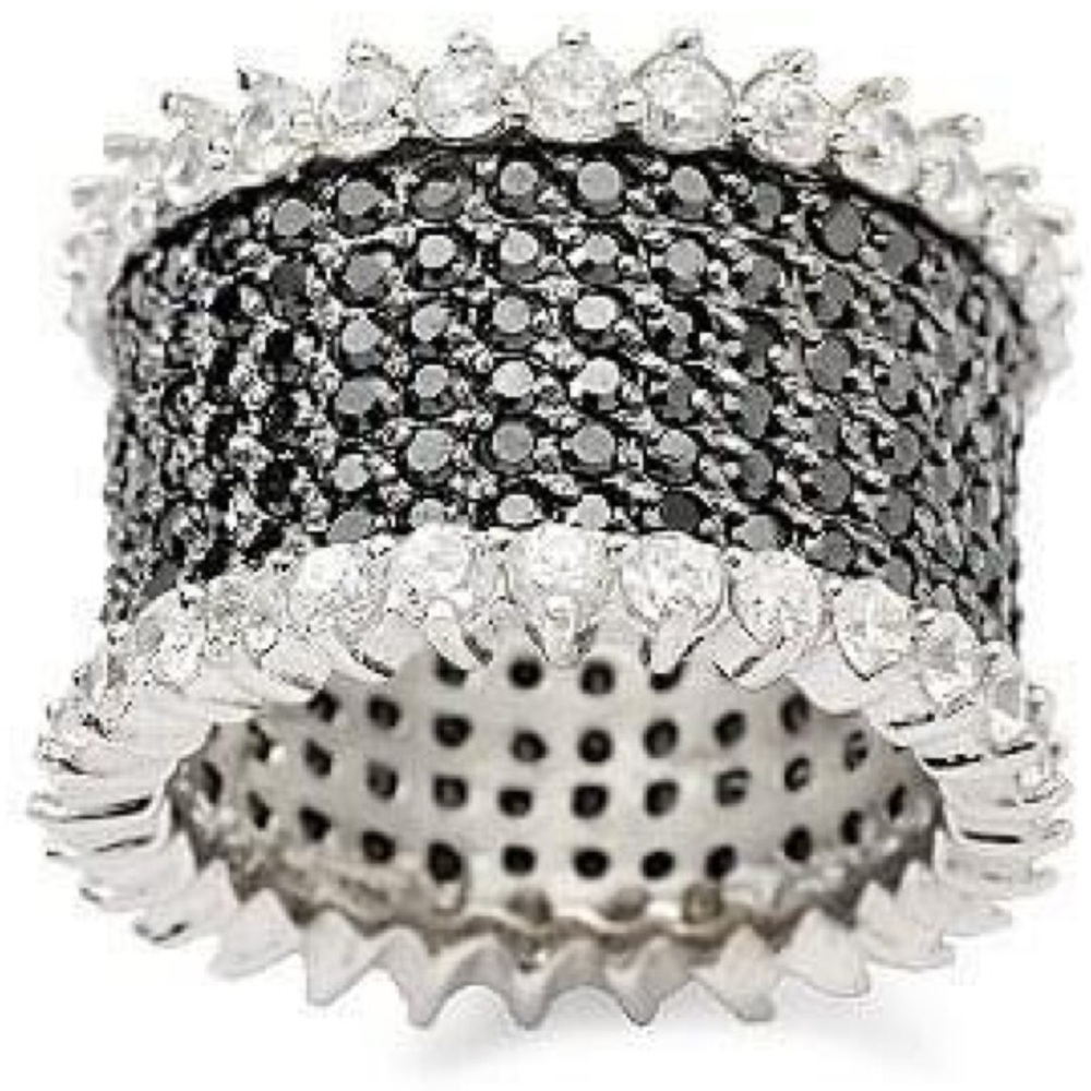 Black white CZ diamond eternity band wedding cocktail statement ring silver QVC